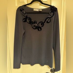 Dana Buchman Black Long Sleeve Top with Velvet Floral Design
